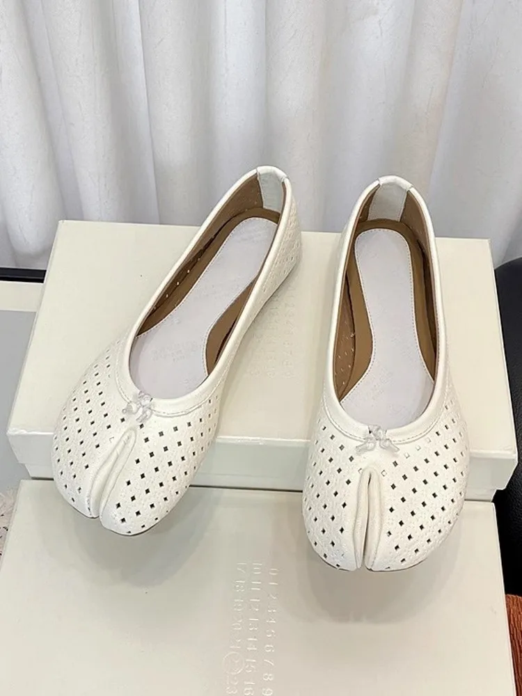 Summer Women Breathable Hollow Out Sheepskin Genuine Leather Flats Shoes Slip On Loafers Bowknot Slip Toe Moccasin Gommino Shoes 4