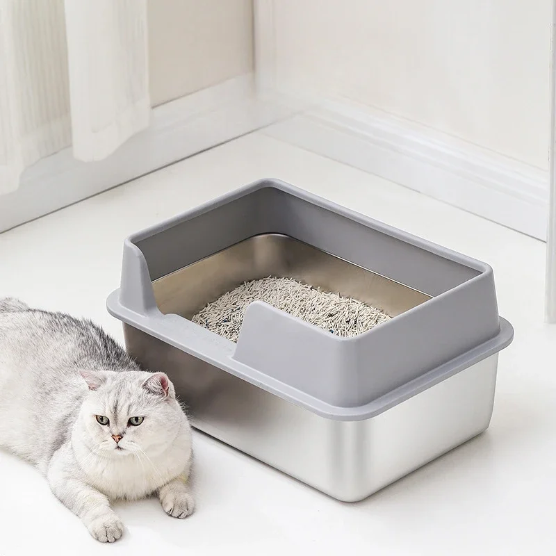 

Large Semi Enclosed Sandbox Cat Stainless Steel Cat Litter Tray Heighten Fence Cat Toilet Odor Proof And Splash Pets Supplies