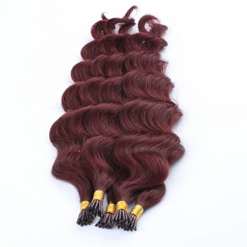 Deep Wave I Tip Hair Extensions 50pcs Keratin Fusion Microlink Hair Extensions Human Capsule Pre Bonded Stick #99J Burgundy