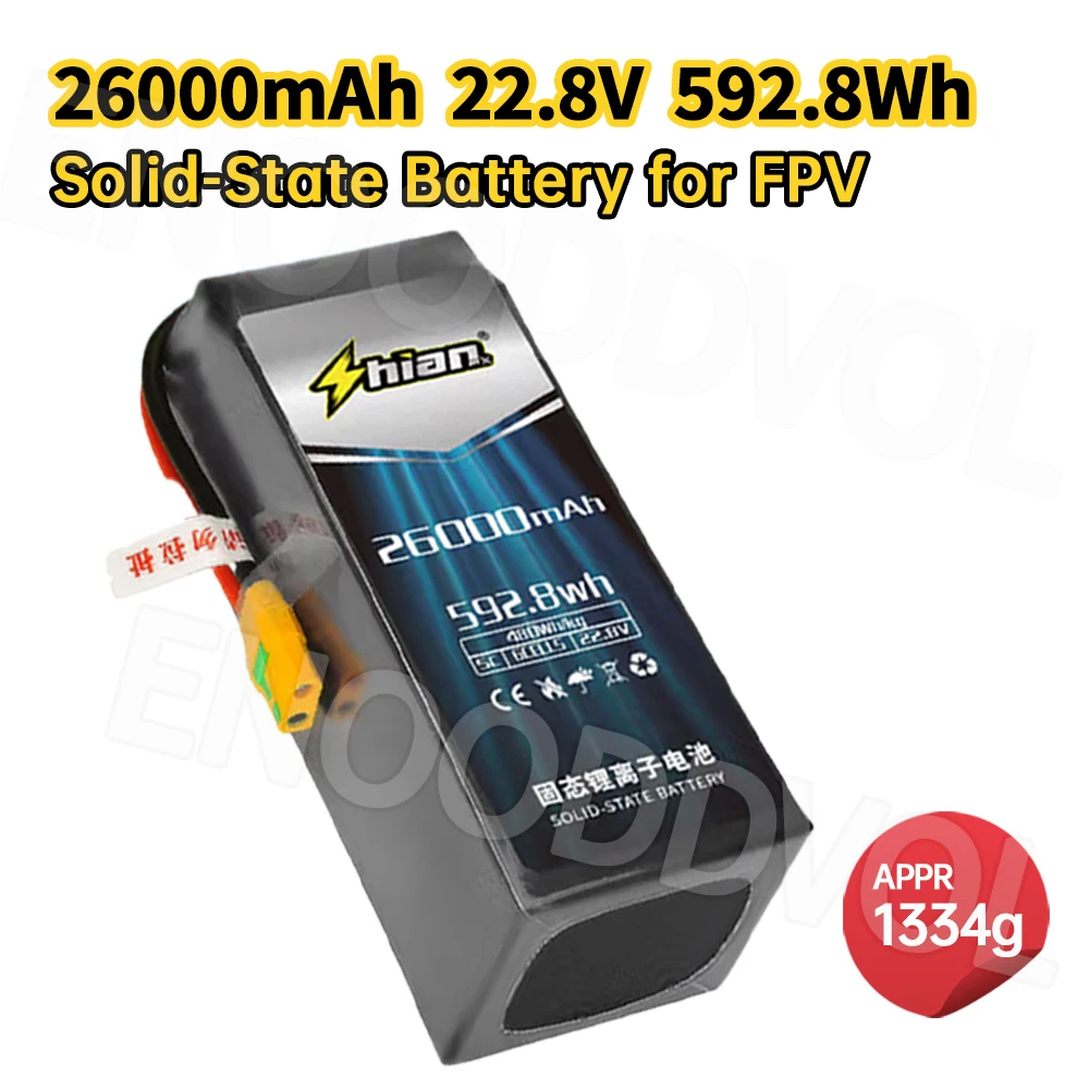 Batterie Drone 26000mAh 6S 5C QS8-S connectée à un drone FPV, prête pour une longue session de vol.