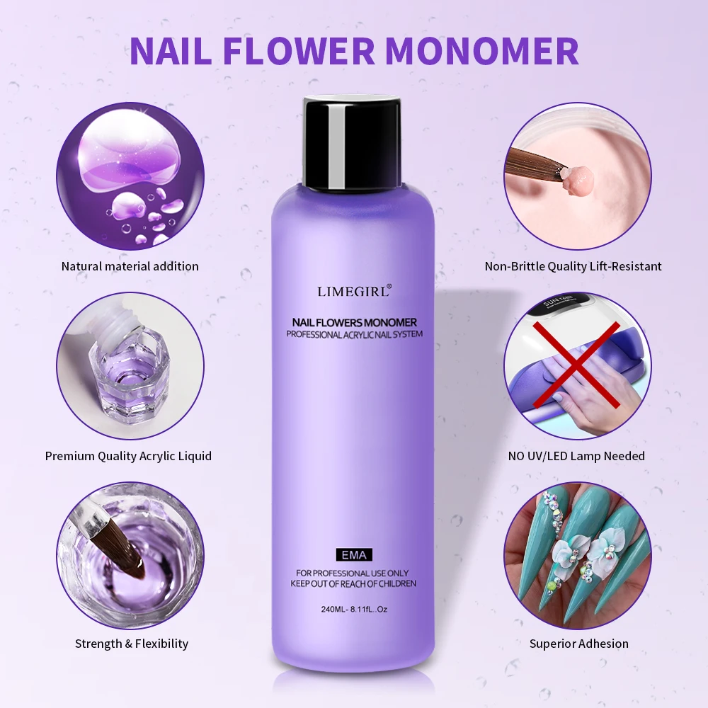 Nail Acrylic Liquid Limegirl Nail Acrylic Liquid Monomer Crystal 40ml/75ml/120ml/240ml for Nail Art Acrylic Powder Extension Professional Manicure