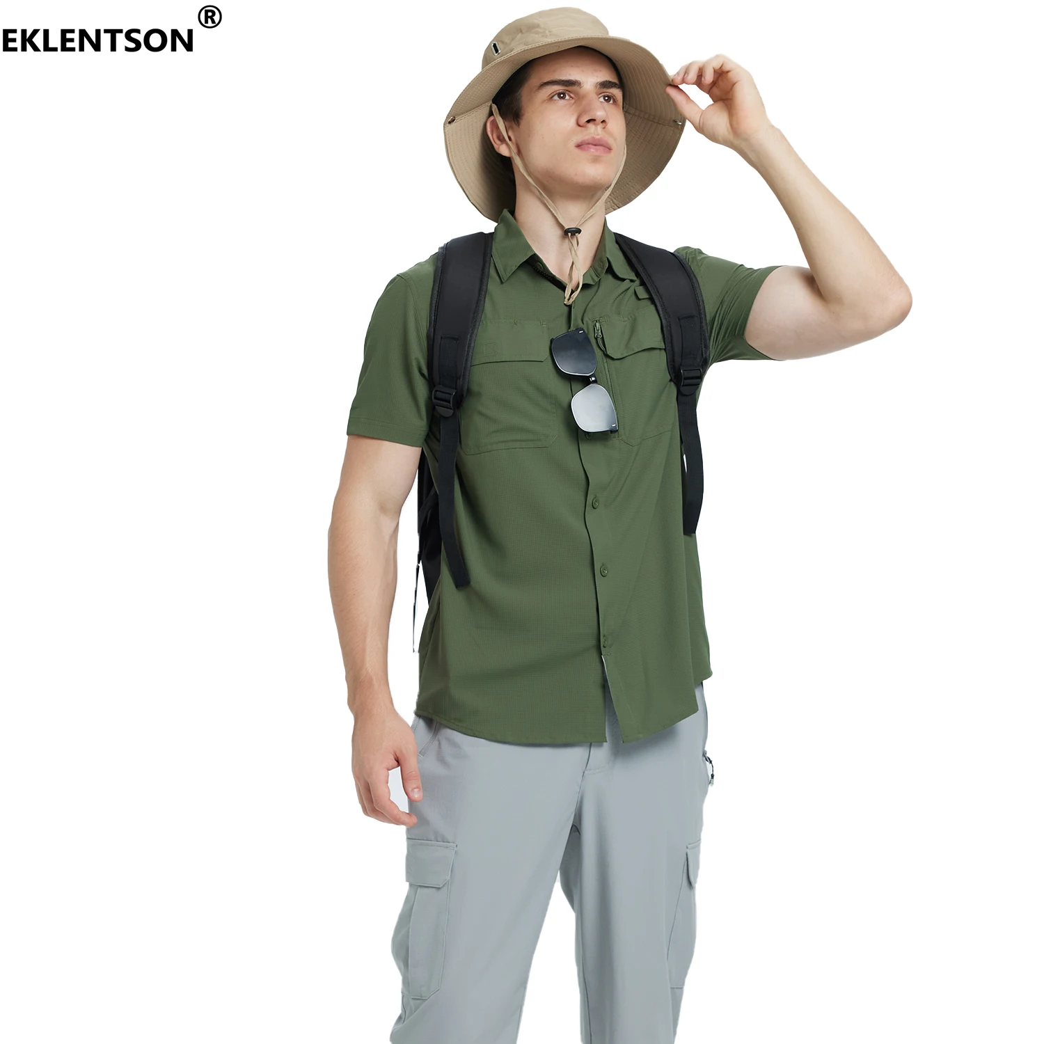 Fishing Shirt EKLENTSON Men's Sun Shirts UPF 50+ Short Sleeve Button Down Quick Dry Cooling Shirts for Fishing Hiking Safari