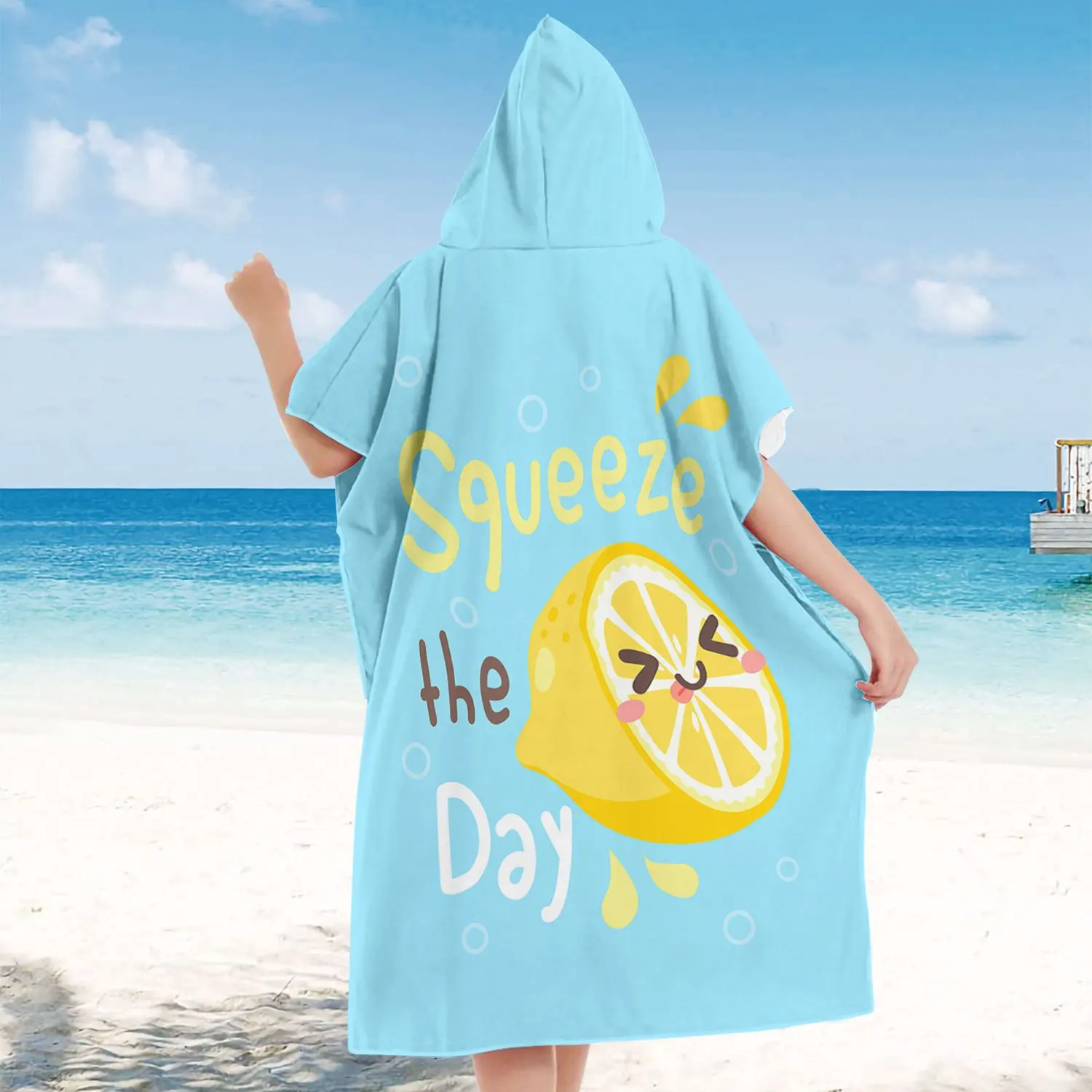 레몬 Squeeze the Day 프린트 후드 타월 판초 1개, 속건성 폴리에스터 비치 체인징 로브, 가족/커플용 수영 판초