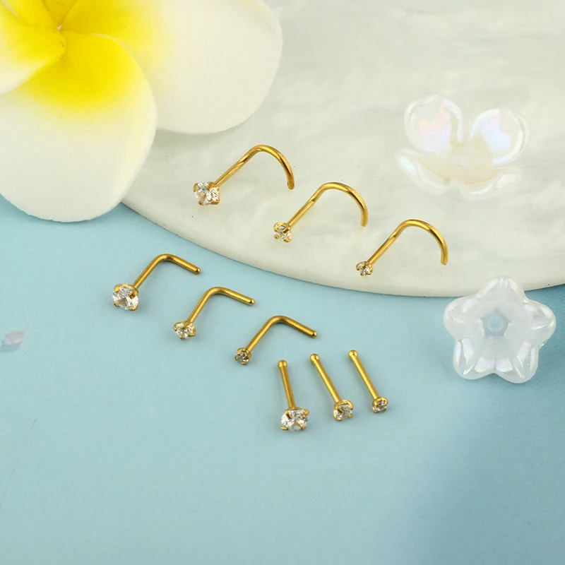 100Pcs 20G Stainless Steel Nose Ring Hypoallergenic L-Shaped Studs for Men and Women Stylish Nose Piercing Jewelry Golden Screw