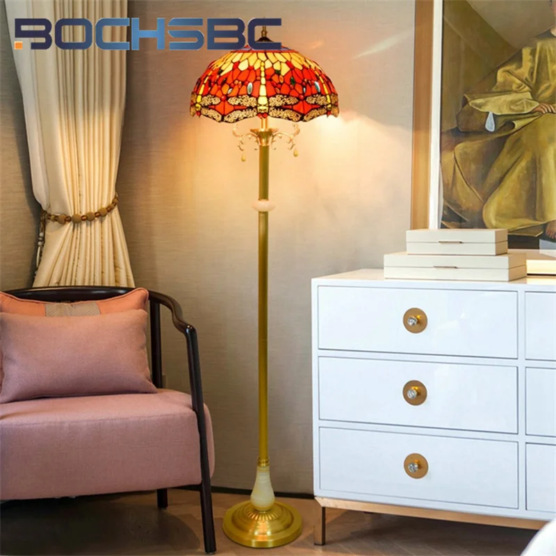 

BOCHSBC Tiffany Stained Glass Pure Copper Standing Lamp Red Dragonfly style Art Deco Living Room Dining Room Study Floor lamp