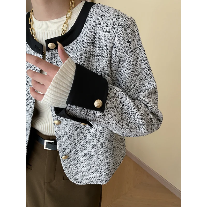 French Casual Loose Contrast Women Coat Tweed O Neck Simple Basic Office Daily Elegant Khaki Fashion Short Jacket Autumn Winter