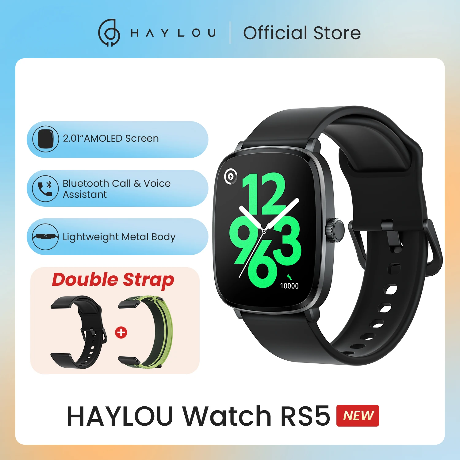 HAYLOU Watch RS5 Smartwatch 2.01'' AMOLED HD Display Bluetooth Call Sport Voice Assistant Blood Sugar Smartwatch & Double Straps