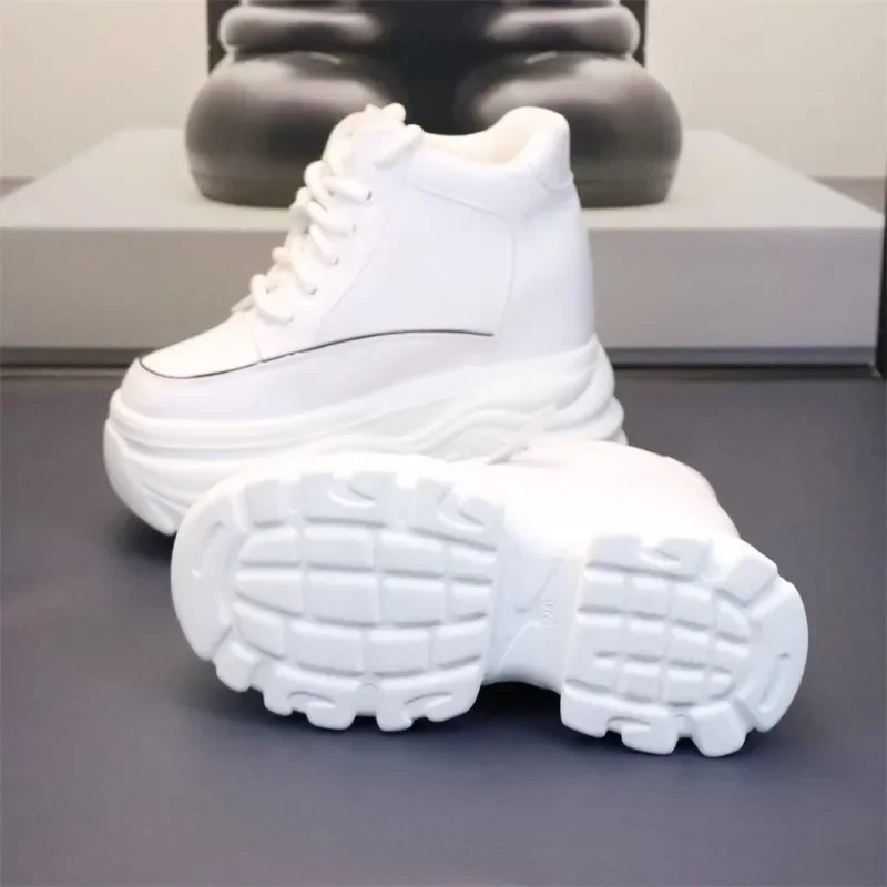 Autumn Women High Top Leather Shoes Platform Wedge Sneakers Chunky Shoes Hidden Heel 10 12 14CM White Black Women Casual Shoes 6