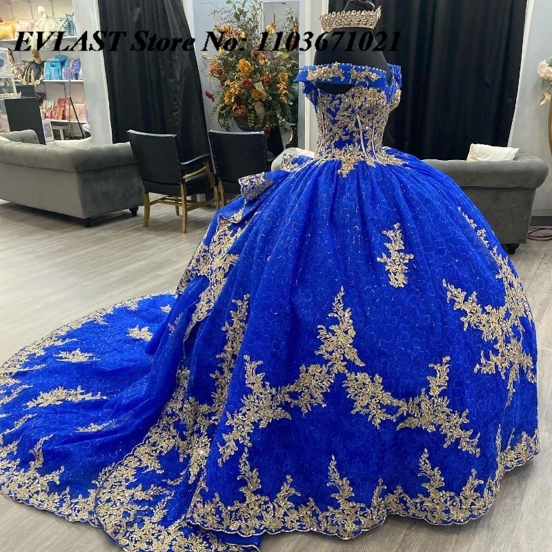 

EVLAST Royal Blue Quinceanera Dress Ball Gown Gold Lace Applique Beading Tiered Mexican Sweet 16 Vestidos De XV 15 Anos SQ14