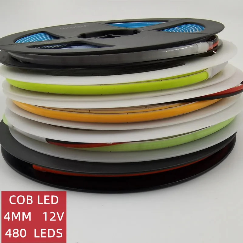 5m/lot Cob LED Strips Super Narrow 4mm Dimmable 12V 5W/M 480Leds Colorful Cabinets E-sports Room Car Light Wardrobes Etc