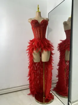 High Quality Women Sexy Straplss Crystals Diamonds Feather Luxury Party Dress Designer Mesh Transparent Performance Stage Outfit 1