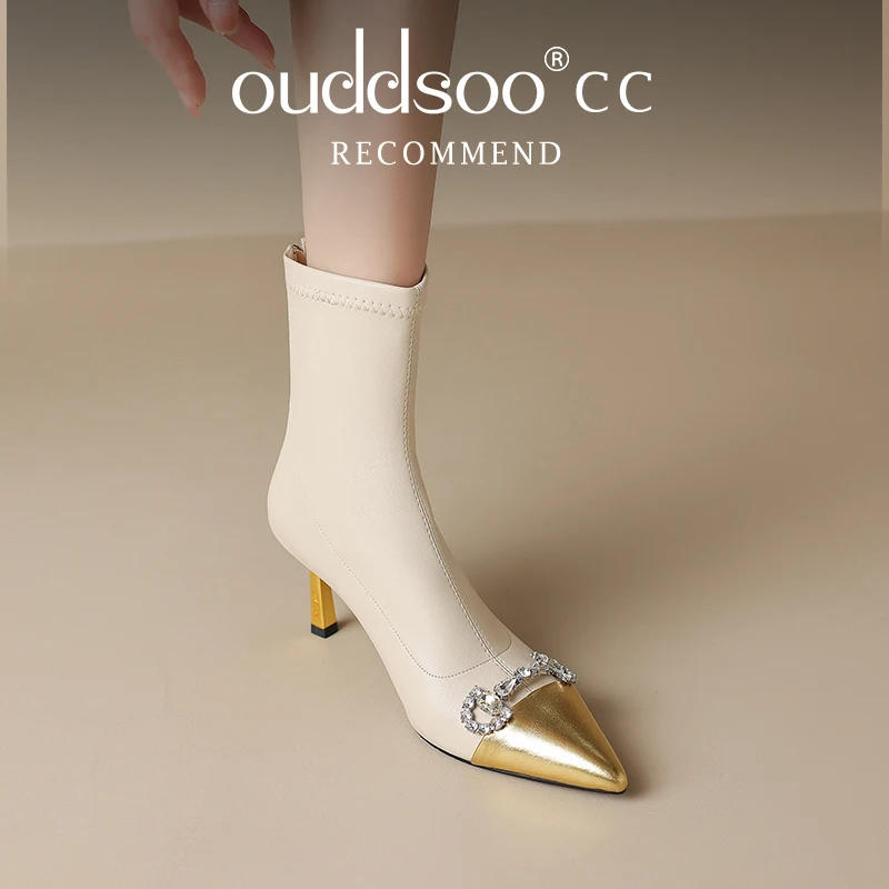 

ODS Rhinestone Metal Decoration Women Ankle Boots Solid Color Zipper Sewing Fashion Zapatos Para Mujere Pointed Toe Thin Heels