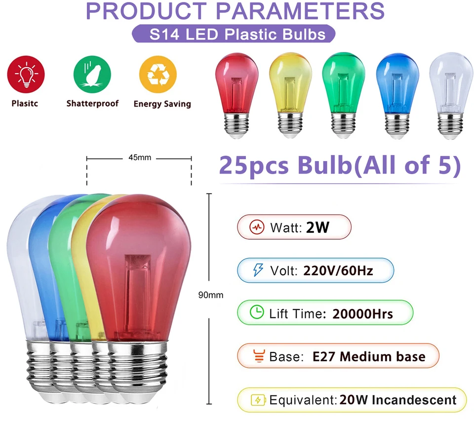LED String Light Bulbs,Shatterproof Outdoor String S14 Light Bulb,Waterproof