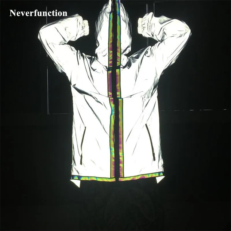 Men Reflective Hooded Jacket Casual Night Colorful Windbreaker Man Hip-hop  Coats