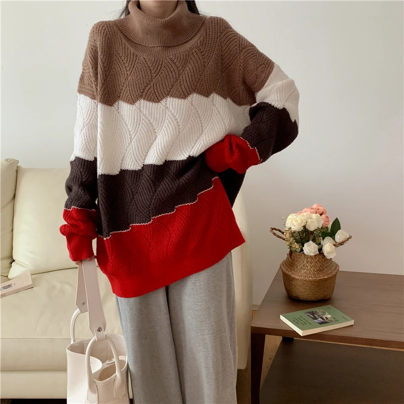 

2022 New Autumn Winter Women Loose Turtleneck Sweater Fashion Contrast Color Striped Knitted Christmas Sweater