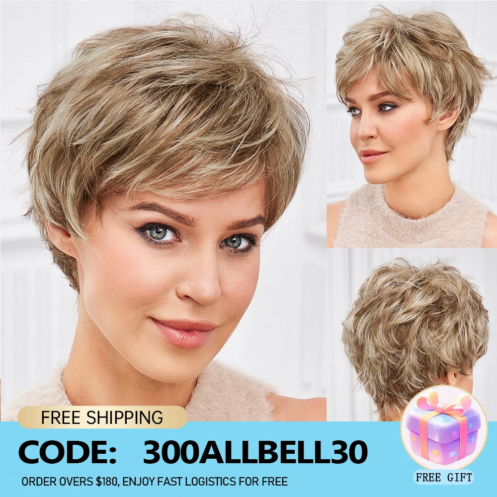 Light Blonde Mixed Off-White Short Pixie Cut Wigs for Women With Bangs Kanekalon Human-hair Like Texture Natural Layered Hair