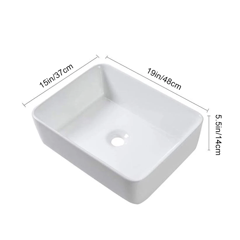 1pc 19" x 15" Countertop Rectangle Vessel Sink, Above Counter Ceramic Hand Wash Basin Vanity Sink, Bathroom Sanitary Ware Art Ba 5