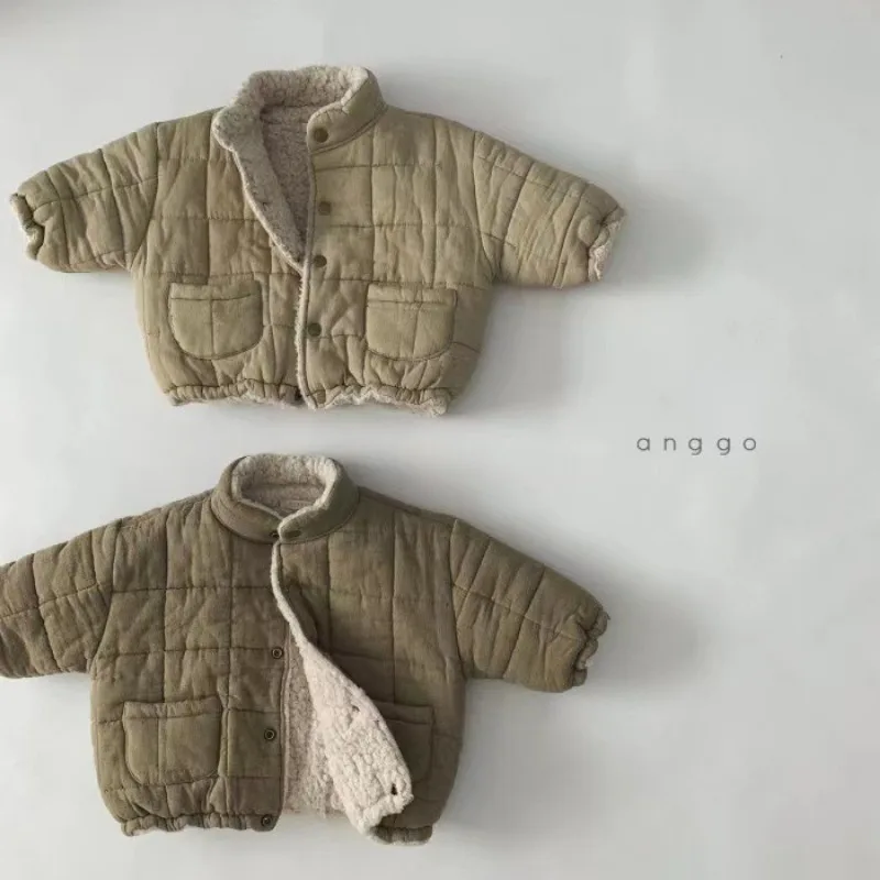 Korean Version Baby Boys Girls New Winter Solid Coat Cashmere Padded Thicken Warm Coat Kid Simple High Collar Cotton Padded Suit