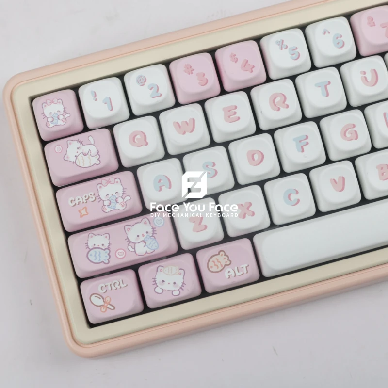 

139 Keys/set Kitten Eats Fish Key Cap Cute Cartoon MOA Profile PBT Thermal Sublimation Mechanical Keyboard for Customization