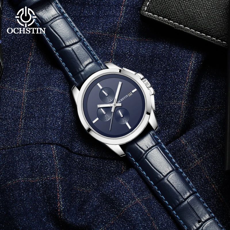OCHSTIN Multi-functional Quartz Watch Leather Strap All-in-one Calendar Watch Clock Chronograph Quartz Mens Watch