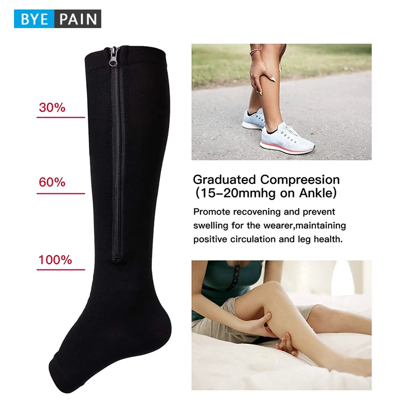 1pair Zipper Socks Venous Pressure Exposed Toe Sports Running Anti Slip Calf New Color blocked Shaped Leg Socks
