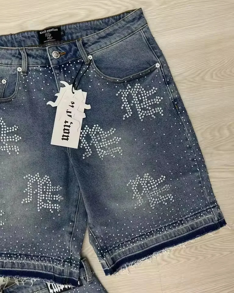 Streetwear Mens Vintage Rhinestone Sequin Denim Shorts Y2K Jeans Hip Hop Baggy Denim Gym Shorts Casual Basketball