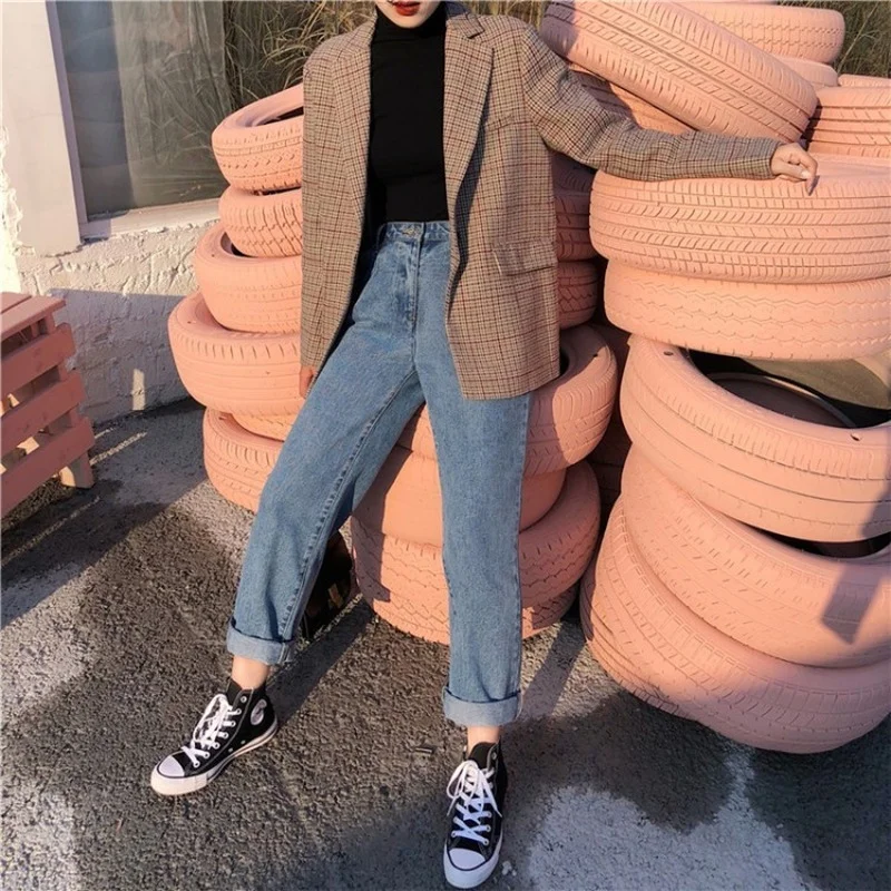Korean Fashion Plaid Blazer 2024 Women Chic Single Button Casual Office Blazer Suit New Fairy Lady Work Formal Clothing Commute