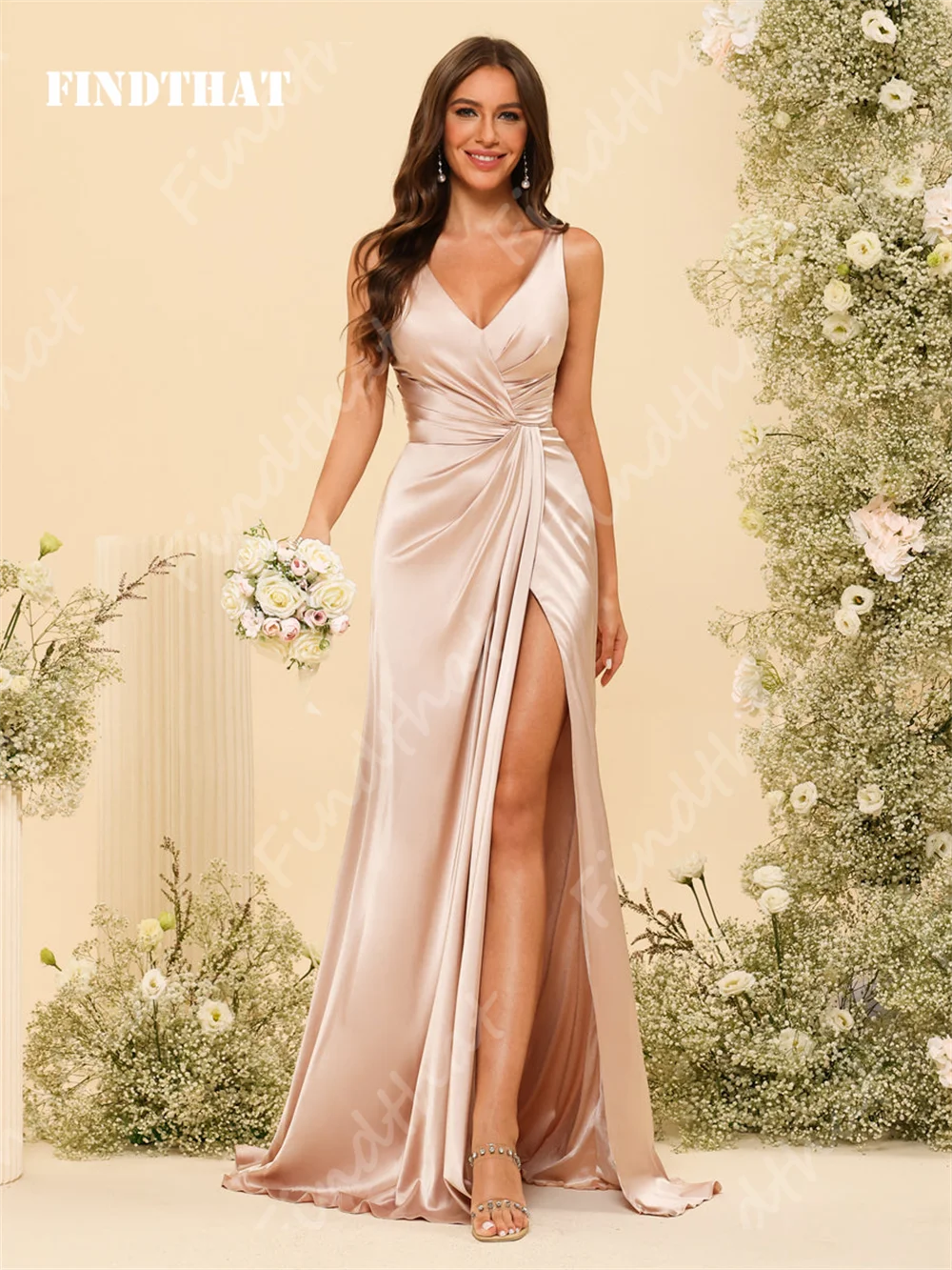 Women's Mermaid Bridesmaid Dresses Sleeveless V-Neck Ruched Silk Satin Zipper Evening Dress Party Prom Gowns Side Slit