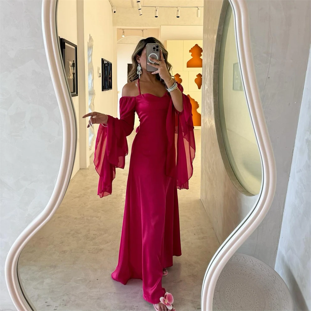 

Tarot Rose Red Chiffon Sweetheart Prom Dresses A Line Off Shoulder Long Bell Sleeves Evening Gowns 2024 Simple robes de soirée