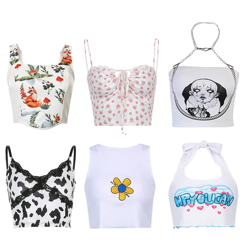Summer Sexy Streetwear Printing Cute Crop Tops For Women Fashion Clothes  Y2k White Corset Top Short Black Cami Under Shirt Bras