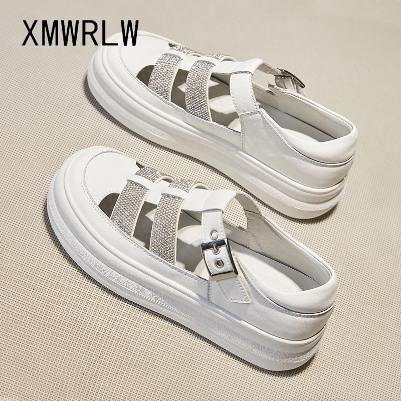 

XMWRLW Summer Women's Flat Sandals Fashion Rhinestone Ladies Shoes 2022 Summer Genuine Leather Women Sandals Buckle Shoes Sandal