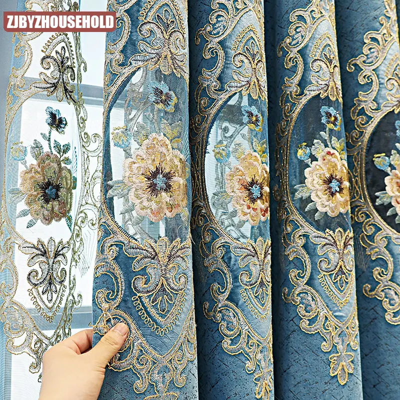 

Customized New European Curtains for Living Room Bedroom Blackout Chenille Hollow Embroidery Yarn Luxury High-end Noble Blue