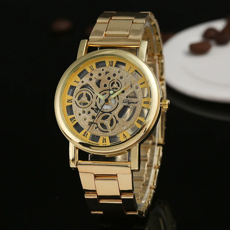 Creative Design Imitation Mechanical Watch Men Hollow Out Watches Gold Skeleton Quartz Wristwatches Male Clock Reloj Hombre