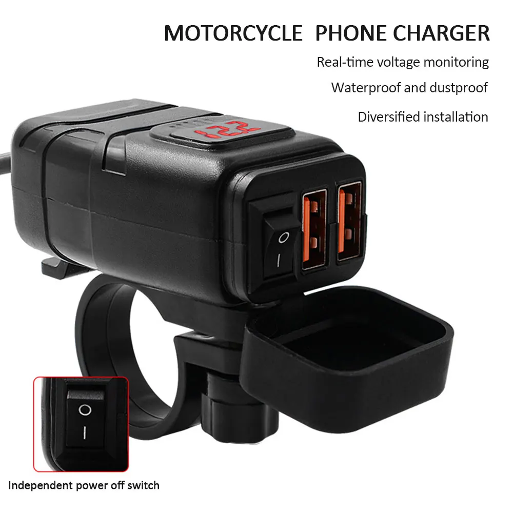 

Vehicle-mounted Motorcycle Quick Charger Moto Accessories QC 3.0 Dual USB Charger Digital Voltmeter Adapter Waterproof Dustproof