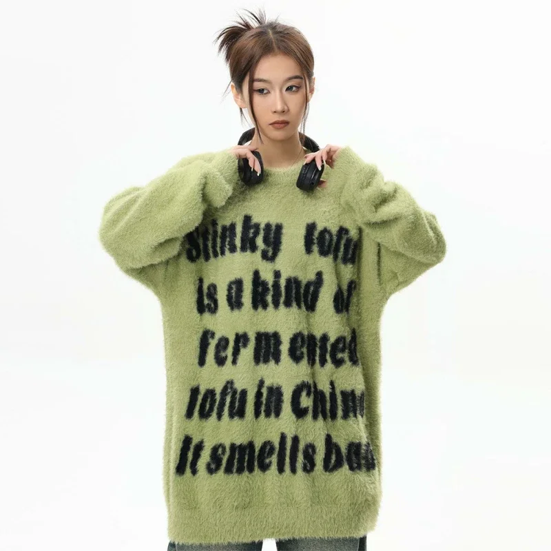 

European American Letters Plus Velvet Thick Sweater for Men and Women Loose Casual Simple Long-sleeved Round Neck Sweater Trendy