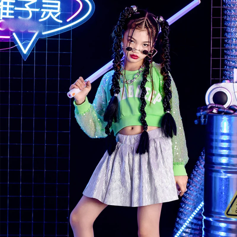 

Girls Jazz Dance Costumes Cheerleading Sequin Tops Fluffy Skirts Suit Modern Dance Hip Hop Performance Stage Clothes DQL8232