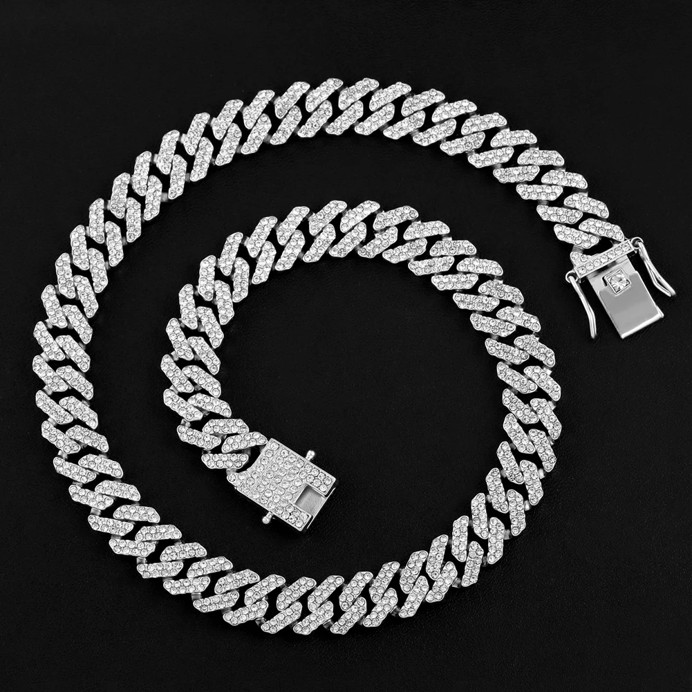 Luxury 12MM Black Color Miami Cuban Link Chain Bracelet Necklace Iced Out  Bling Rhinestone Bracelet Women Men Hip Hop Jewelry - AliExpress