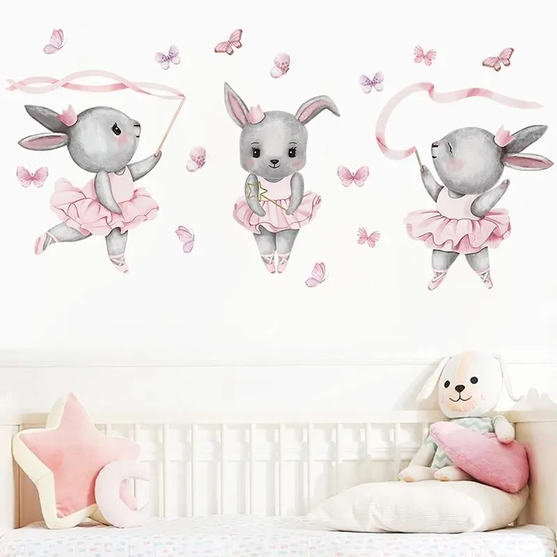 Luminous Wall Stickers Wall Stickers Vinyl Decal Stickers Cartoon Three Rabbits Dancing Ballet Butterfly Wall Stickers for Kids Room Bedroom Nursery Home Decoration Wall Decal