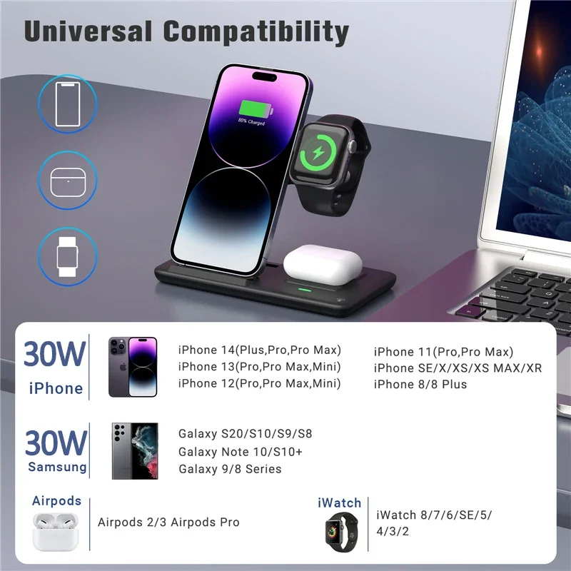 30W 3 in 1 Fast Wireless Charger Stand For iPhone 15 14 13 12 11 Apple Watch Airpods Pro iWatch 8 7 6 Foldable Charging Station