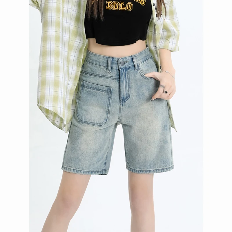 Streetwear Vintage Jeans Shorts Washed Blue Women Summer Y2k Fashion High Waisted Korean Style Shorts Straight Denim Fifth Pants