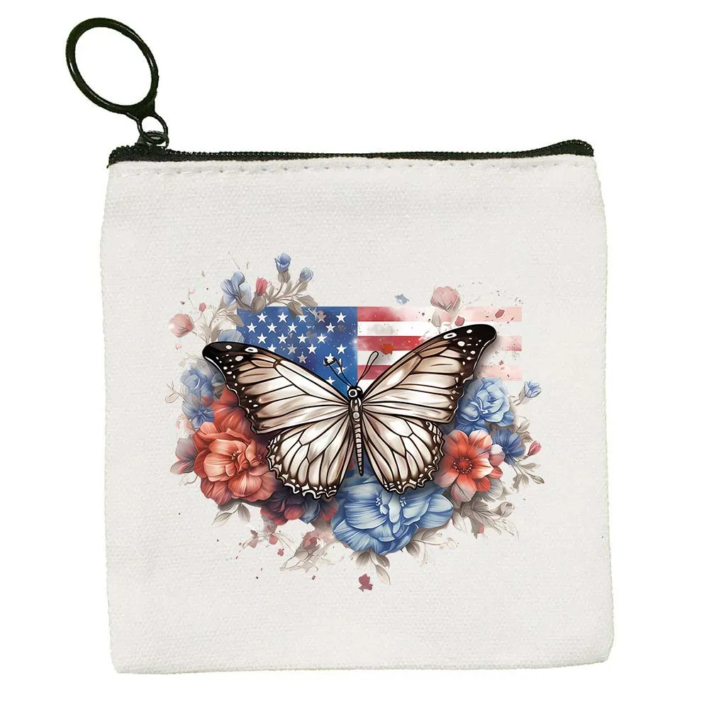 

American Flag Peace Butterfly Vintage 3D Patriotic Coin Purse Zipper Wallet Canvas Key Bag Money Pocket Cute Kids Wallet Gift
