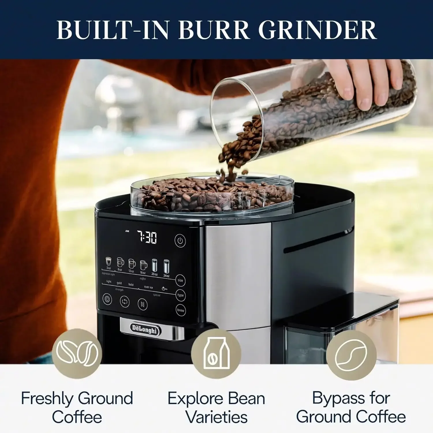 

Капельная Кофеварка De'Longhi TrueBrew, встроенная кофемолка, одно блюдо, от 8 до 24 унций, горячий или холодный кофе, нержавеющая сталь, Новинка