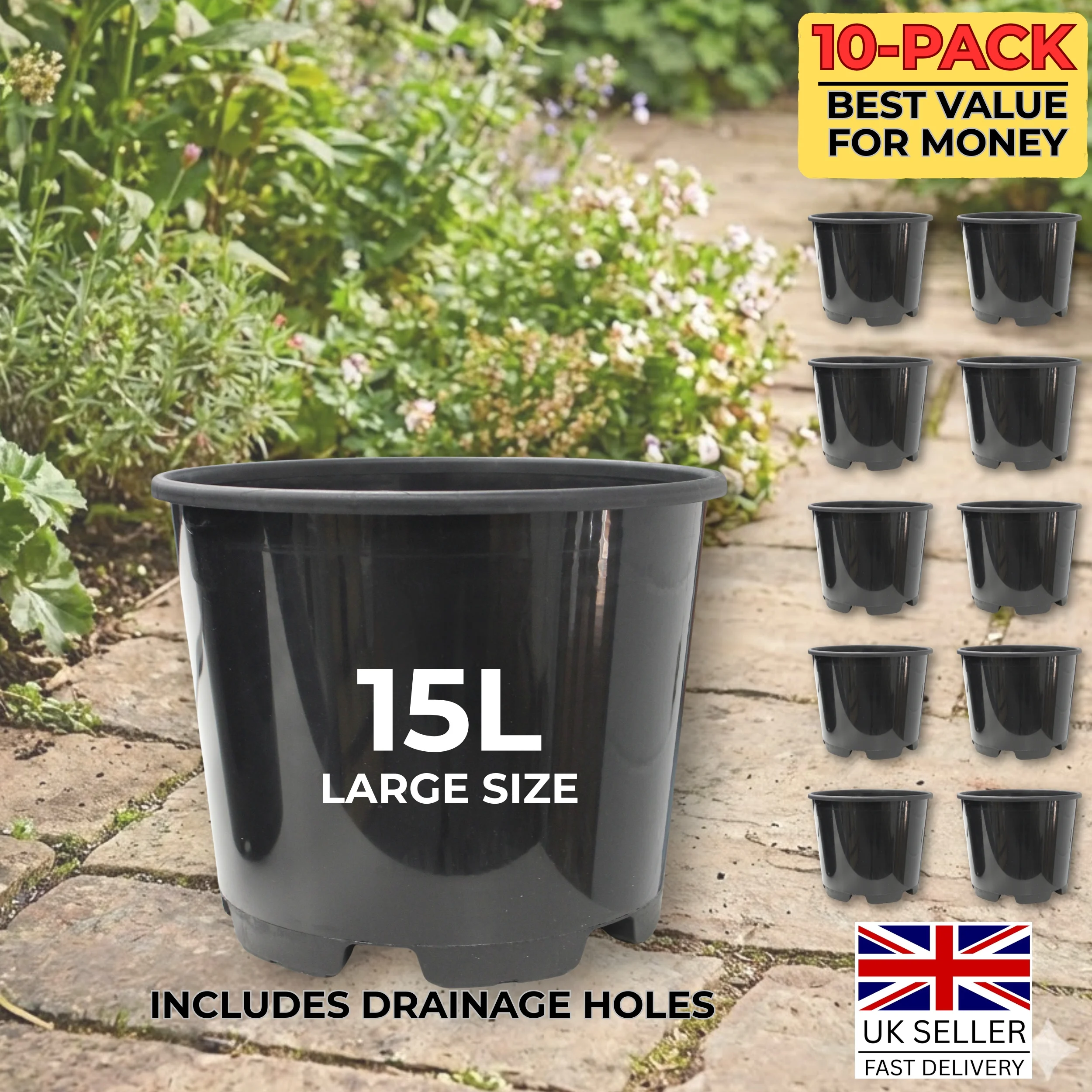 10x 15L Heavy Duty Containers Pots | Durable Recycled Plastic Plant Pots Made in the UK for Indoor & Outdoor Gardening