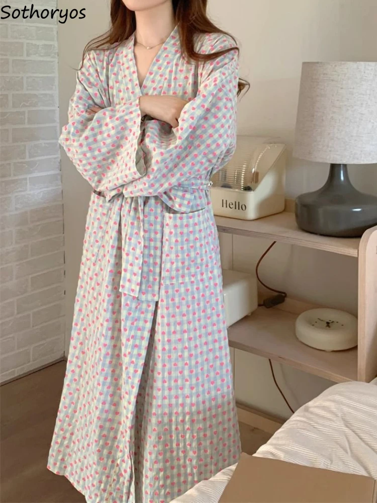 Sweet Heart Plaid Robes Women Autumn Long Bathrobes Japanese Sleepwear with Belt Comfortable Loose Chic Female Simple Loungewear