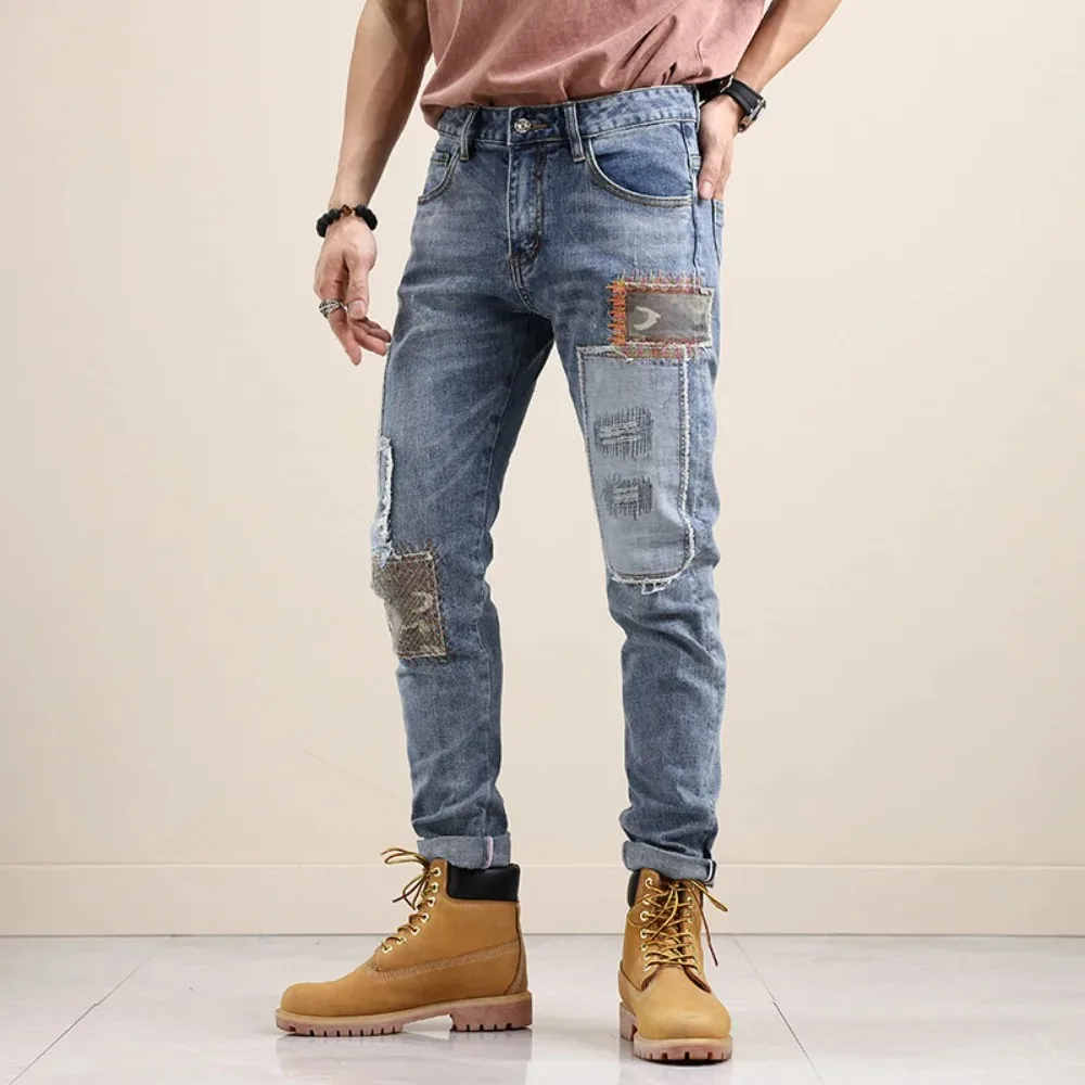 Jeans Men Fashion Splicing Streetwear Male Wear Ripped Hole Skinny Jeans Denim Trousers Cargo Pants y2k Streetwear Mens Trousers