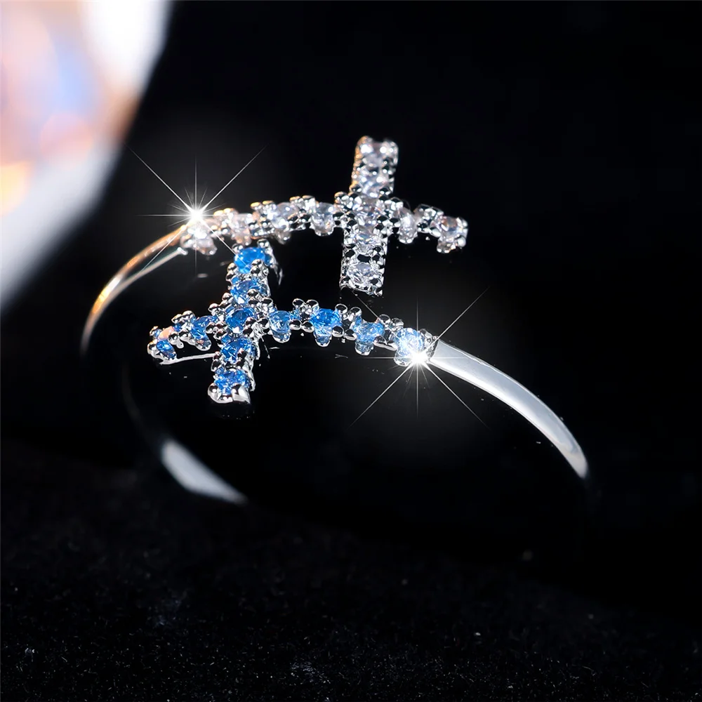 Cute Female Light Blue Zircon Stone Cross Adjustable Ring Luxury Silver Color Open Wedding Jewelry For Women
