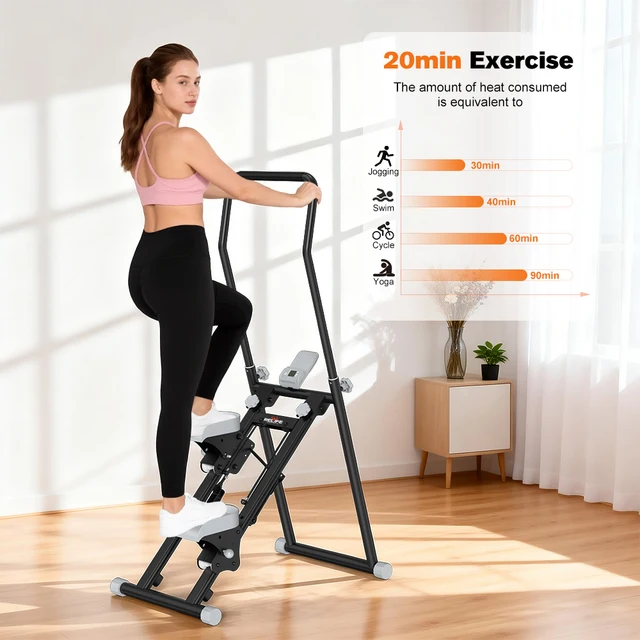 Foldable Stair Stepper for Home Gym, 6-Level Adjustable Handlebar Stair Climber with LCD Monitor, Adjustable Resistance Pedals,