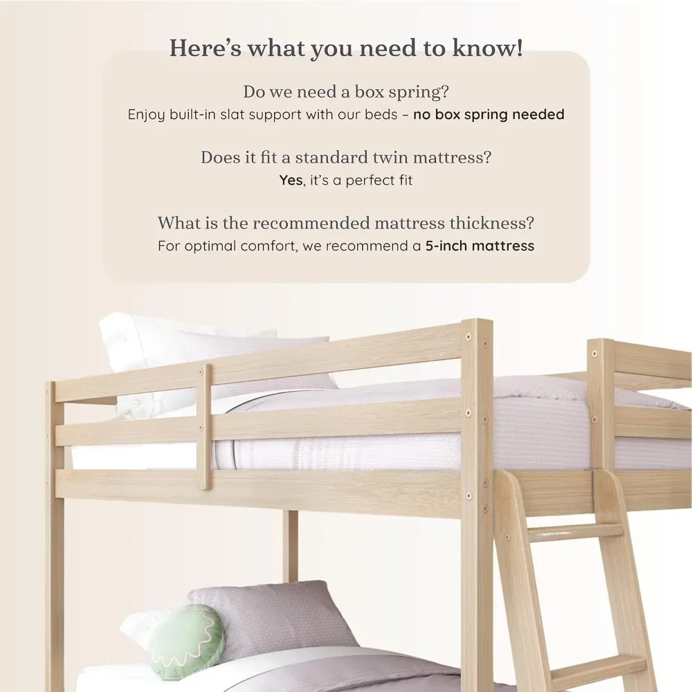 NEW-Grain & Grove Bear Twin Over Twin Bunk Bed, Low Bunk Bed Frame for Kids, Bunk with Ladder, Guardrail and Slats, No Box Sprin