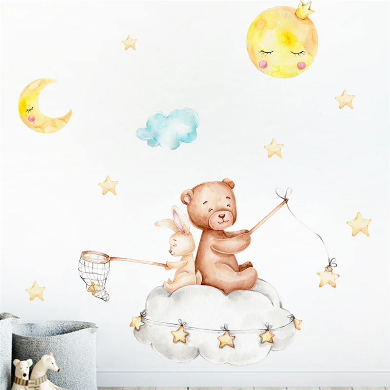 

Cute Bear Rabbit Catch Star Moon Wall Stickers For Kids Bedroom Decoration Cartoon Animal Mural Art Diy Home Decal Pvc Poster