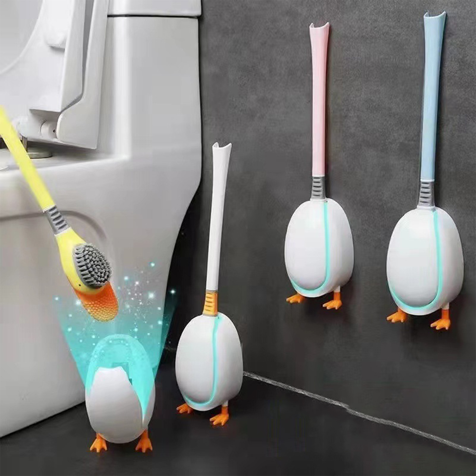 Silicone Wall Mounted Toilet Brush Creative Duck Shape Toilet Brush Set Long Handle for Bathroom Corner Toilet Cleaning Tool